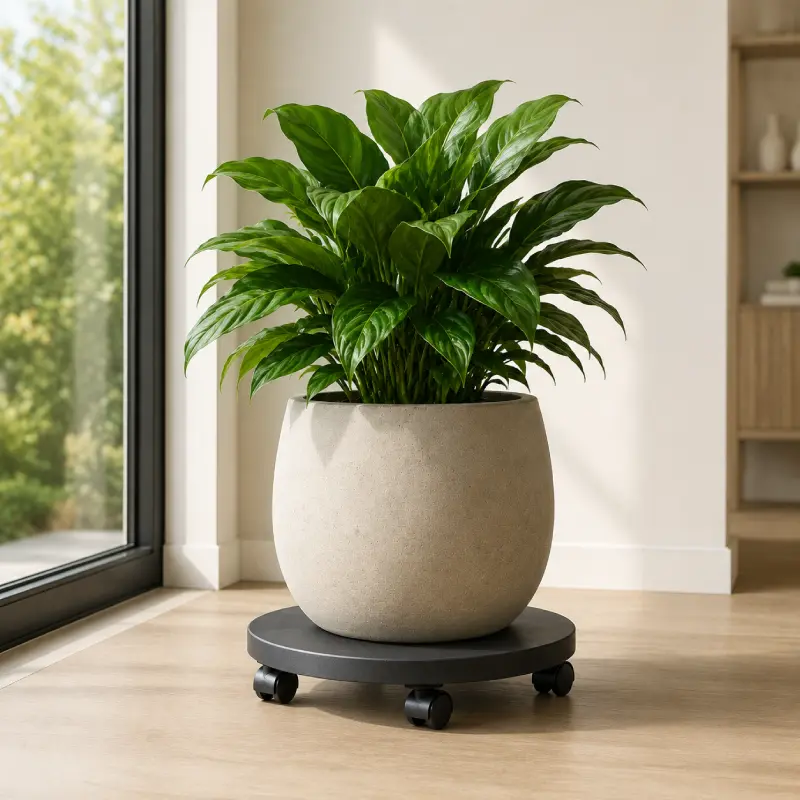 Plant pot positioned on a wheeled platform