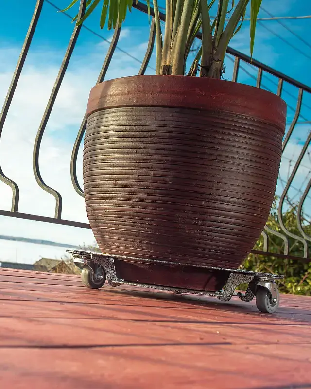 Large planter being repositioned on a hard surface